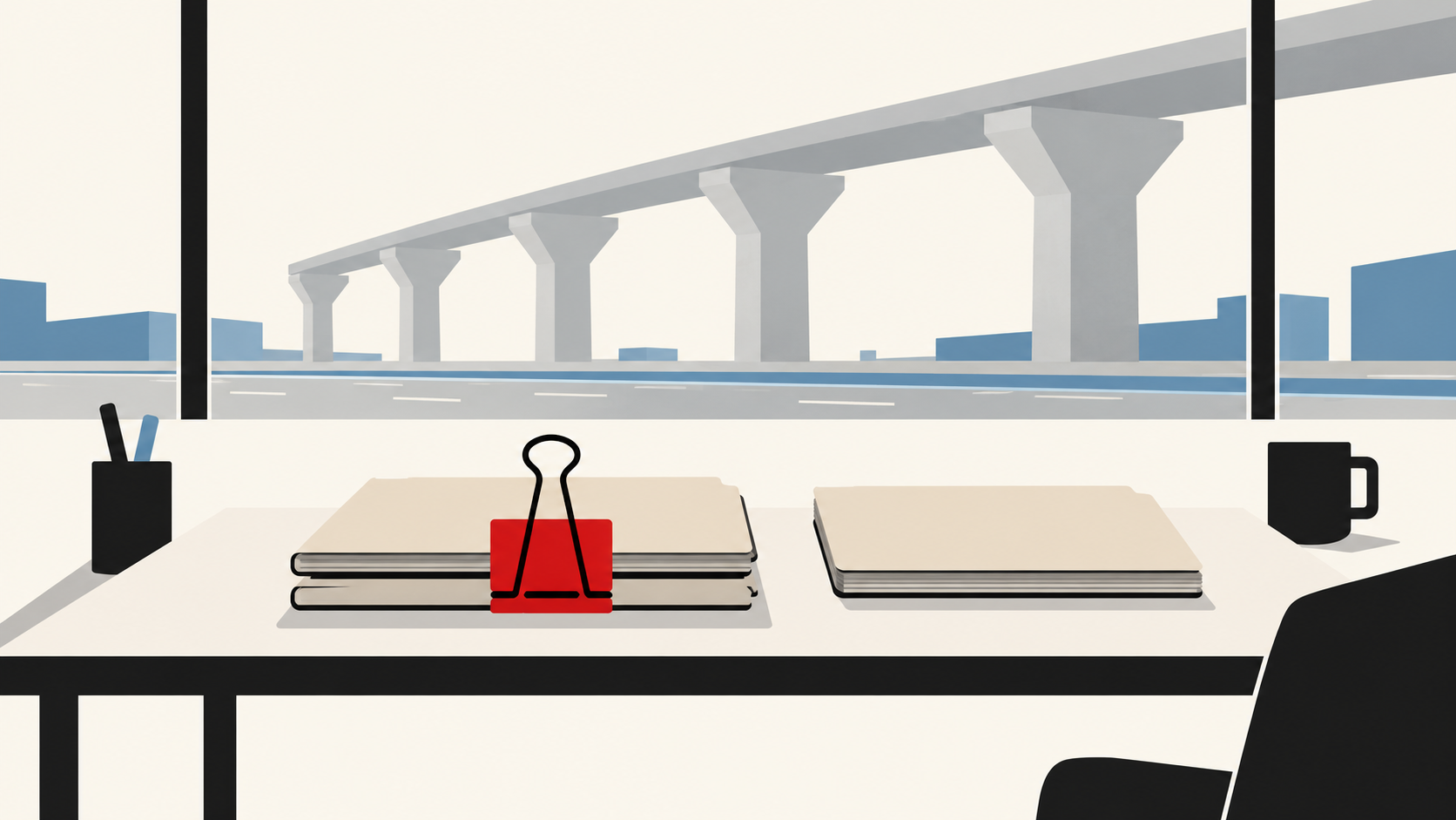 Illustration of three contract folders on a site-office table, two of them clipped together, with concrete viaduct piers rising over an industrial road outside the window.