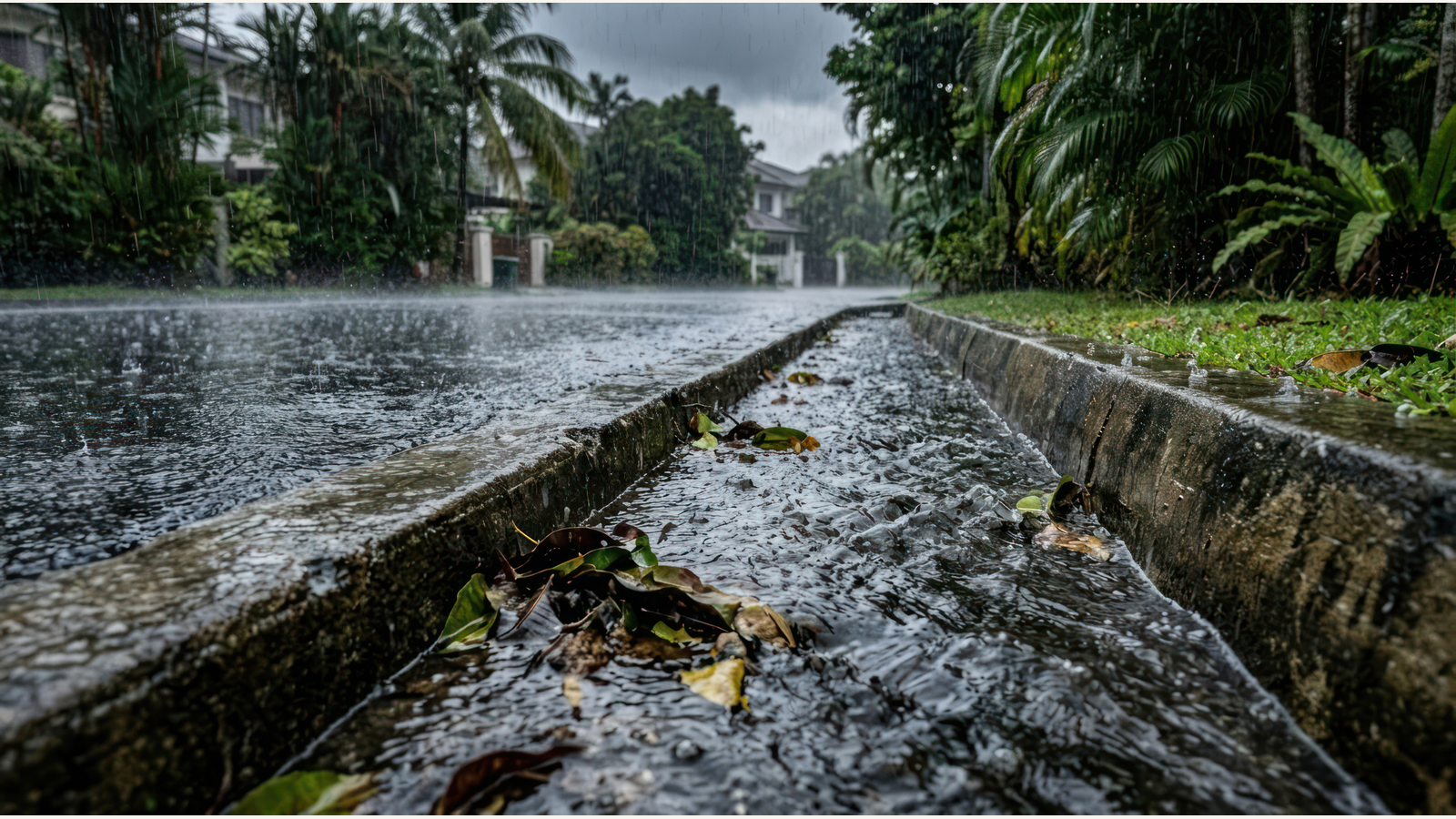 Illustration of a rain-filled engineered drainage channel with flowing water, lush green vegetation and a gray downpour.