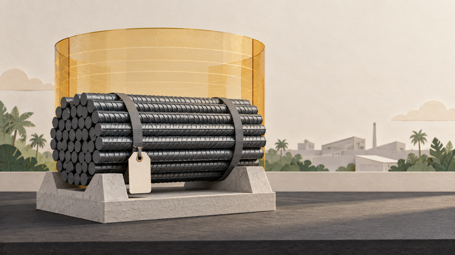 Illustration of a graphite-gray rebar bundle on a pale measuring cradle, framed by an amber circular collar, against a paper-cut tropical industrial horizon.