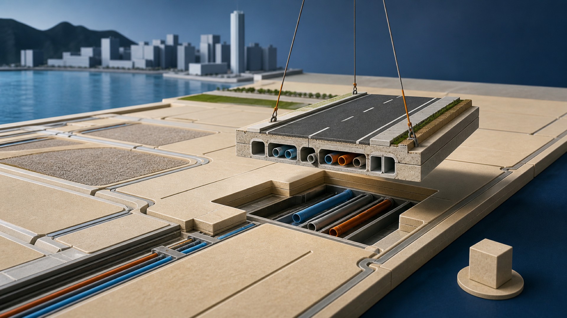Illustration of a fabricated waterfront city model with a road-and-utility module being lowered into its final slot.
