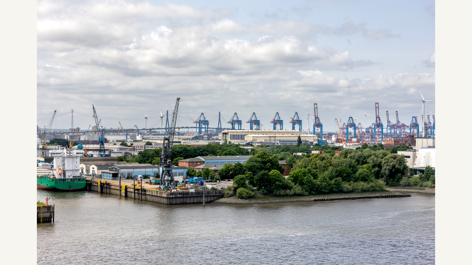 Illustration of port cranes and industrial waterfront infrastructure beside open water.