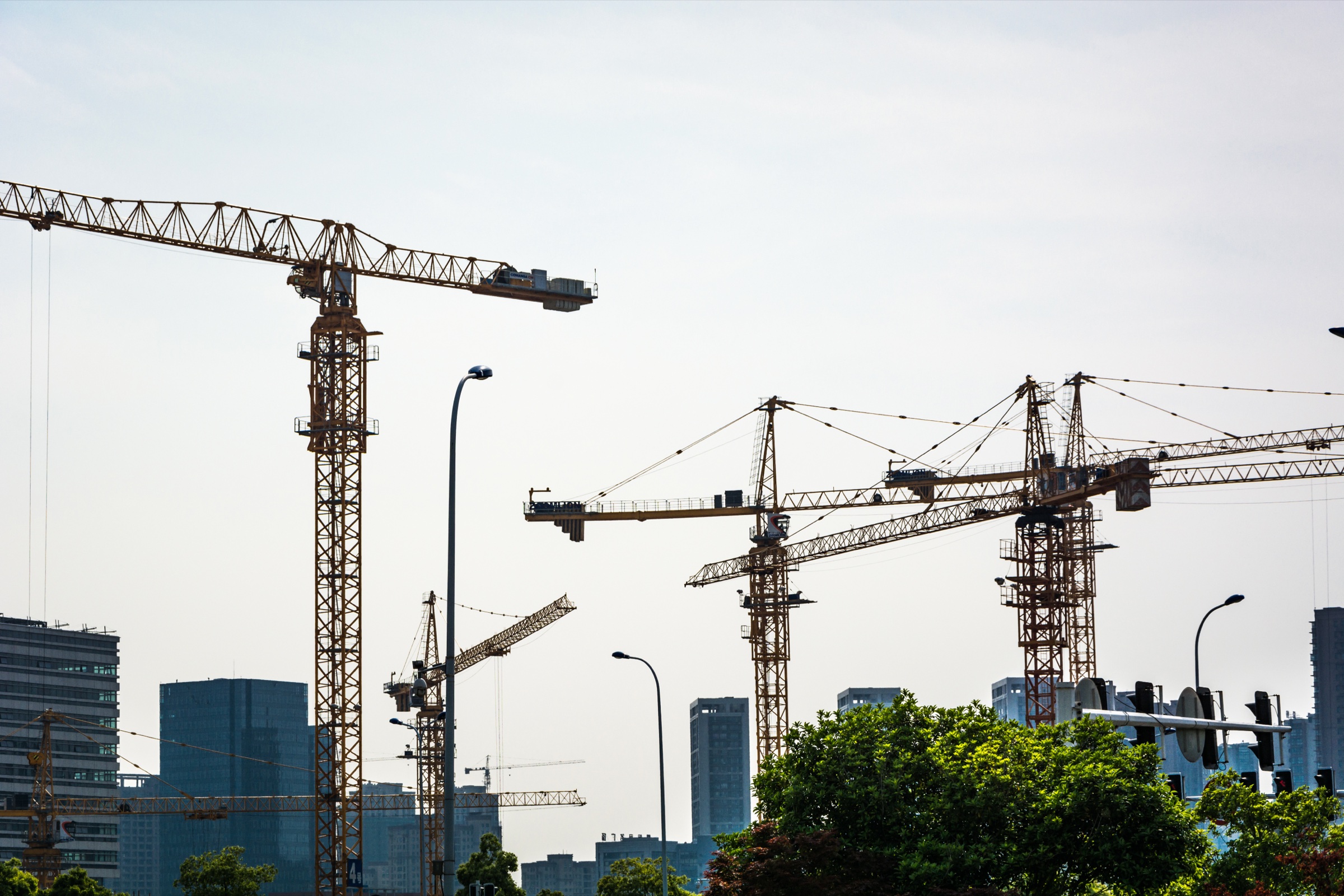Tower cranes standing above trees and distant glass buildings under a hazy sky.