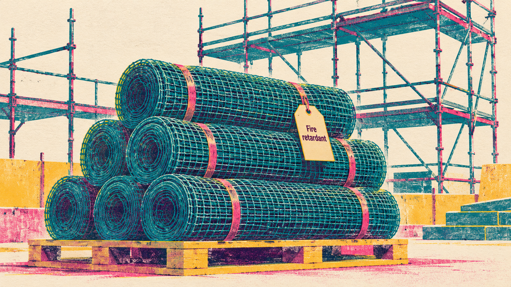 Illustration of new rolls of scaffold safety netting stacked on a pallet at a building site, with one roll tagged and bare steel scaffolding rising behind.