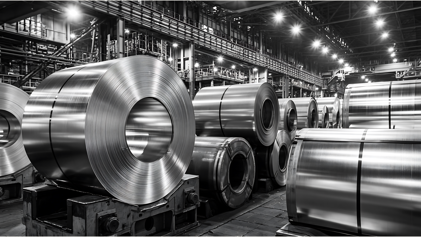 Illustration of steel coils arranged inside an industrial manufacturing factory.