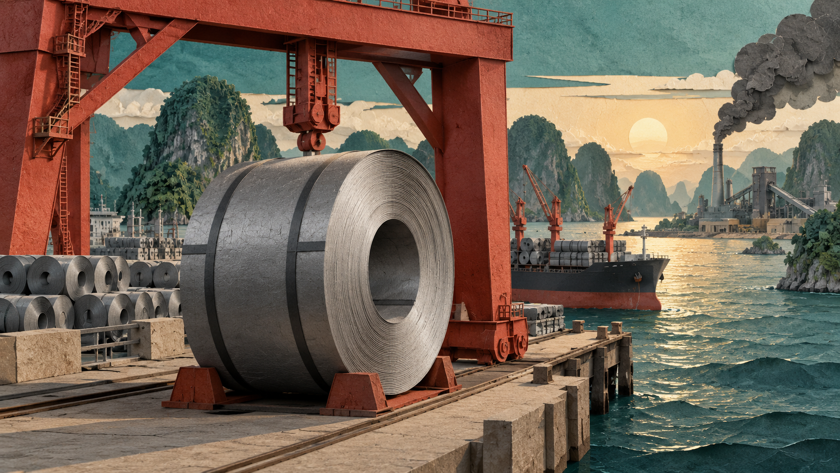 Illustration of a steel coil beneath a red port gantry, with a cargo vessel and an industrial plume against a layered Vietnamese coastal setting.